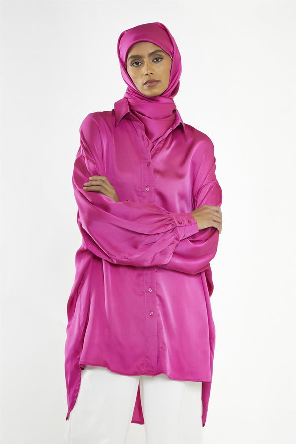 glamorous Fuchsia Shirt Hi-Low-Dress