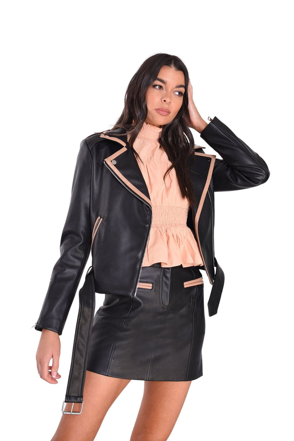 Glamorous Glamorous Black Tan Faux Leather Jacket