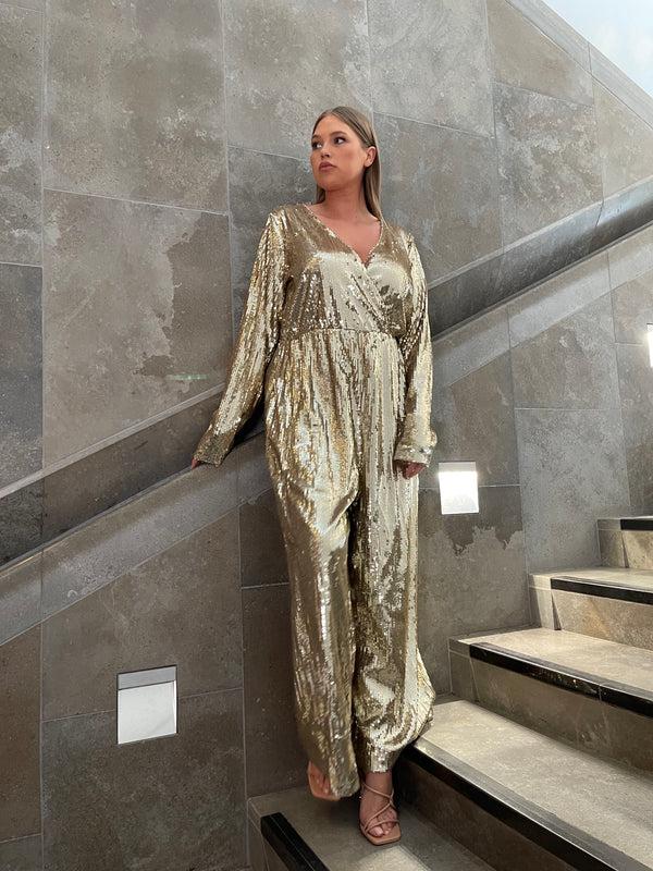 glamorous Glamorous Curve Gold Sequin Jumpsuit