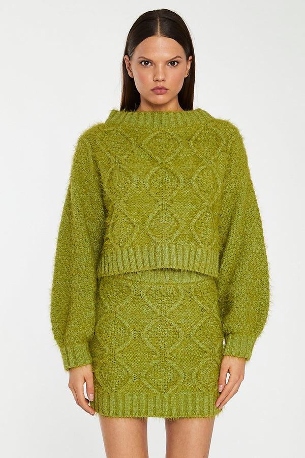 glamorous Grass-Green Cable-Knit Mini-Skirt