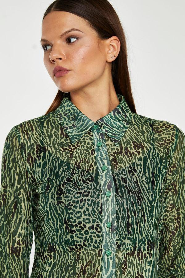 Glamorous Green-Black Animal Mesh Skinny Fit Shirt