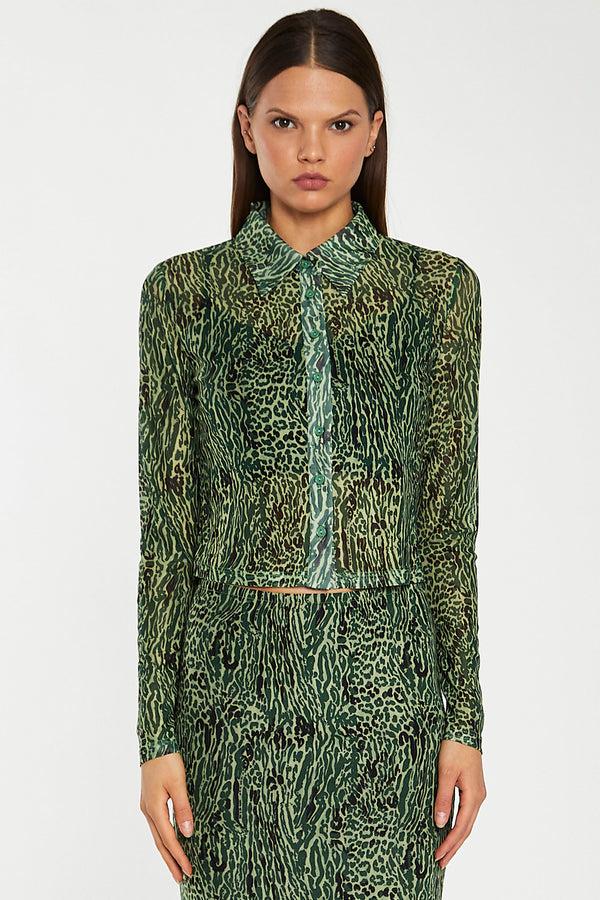 glamorous Green-Black Animal Mesh Skinny Fit Shirt