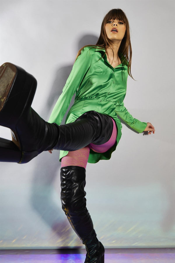 Glamorous Green Fitted-Waist Shirt-Dress