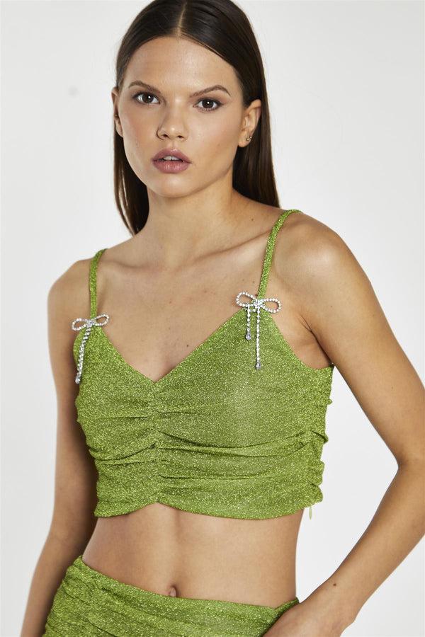 Glamorous Green-Glitter Ruched Crop-Top