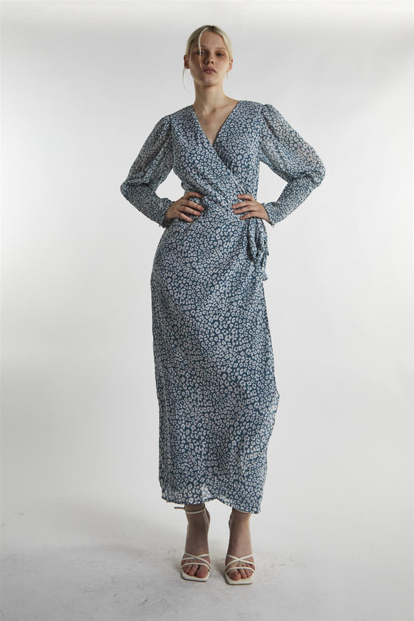 glamorous Green-Leopard Wrap Midi-Dress