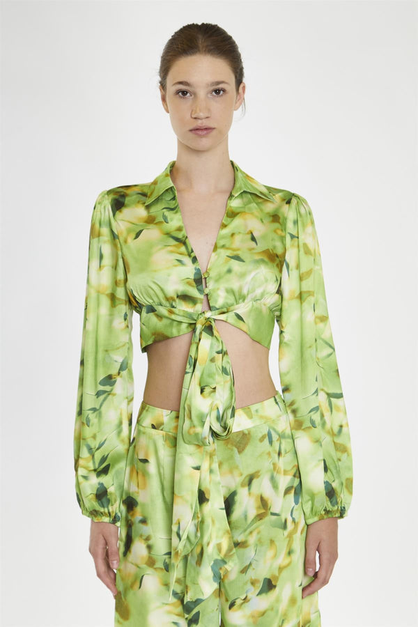 Glamorous Green Multi-Blur Tie-Front Crop-Blouse