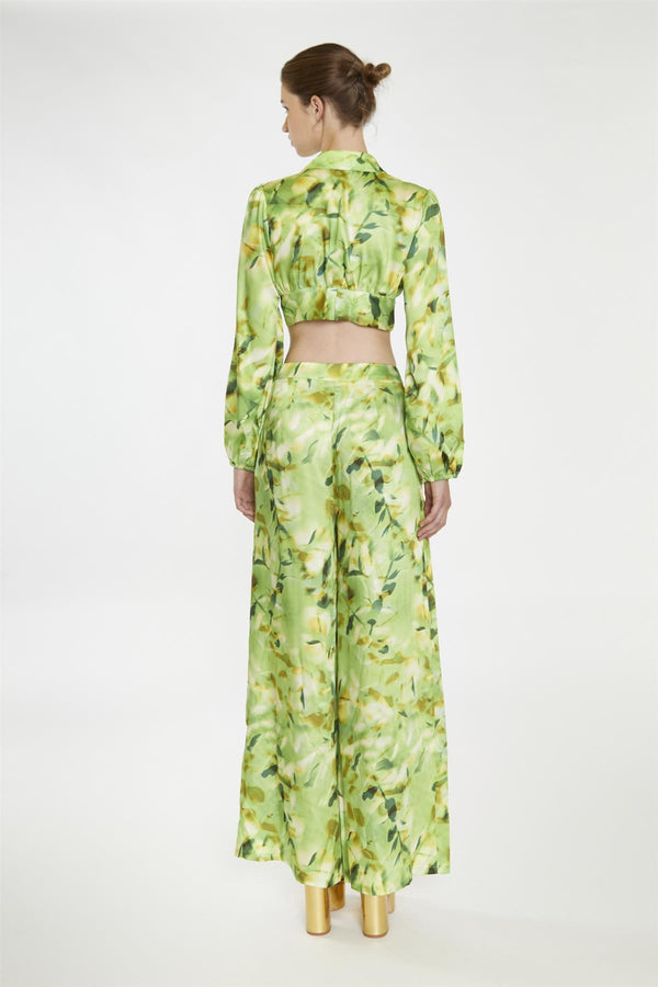 Glamorous Green Multi-Blur Tie-Front Crop-Blouse