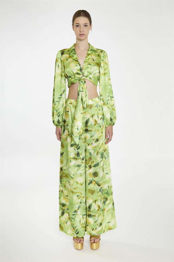 glamorous Green Multi-Blur Tie-Front Crop-Blouse