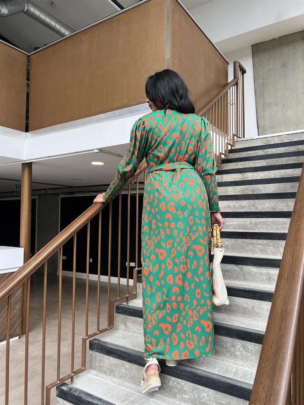 Glamorous Green-Orange Leopard Wrap Midi-Dress