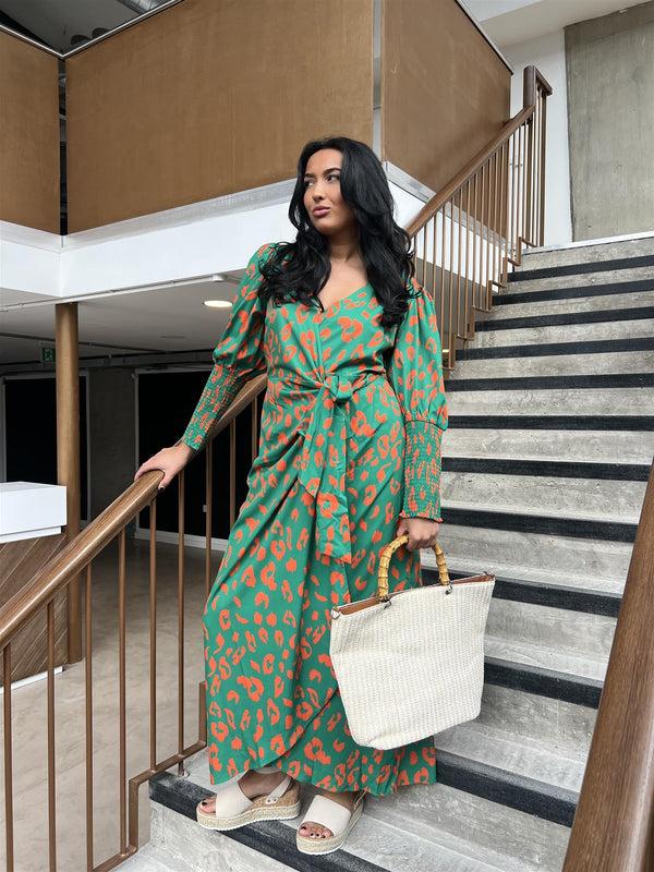 Glamorous Green-Orange Leopard Wrap Midi-Dress