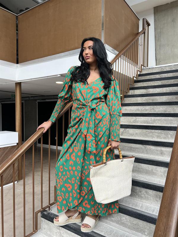glamorous Green-Orange Leopard Wrap Midi-Dress