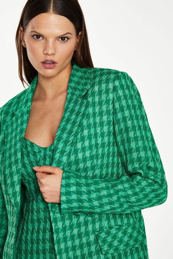 glamorous Green Tonal Houndstooth Fitted Blazer