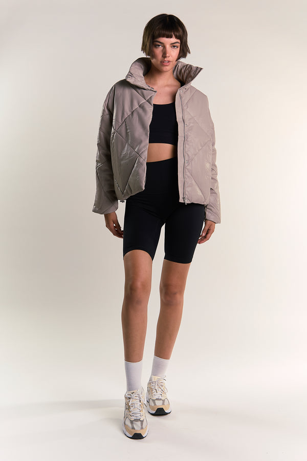 glamorous Grey Collared Long-Sleeve Puffer-Jacket