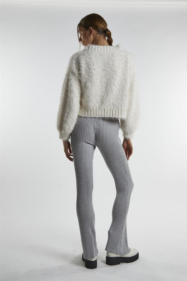 Glamorous Grey-Marl Rib-Knit Flared-Trousers