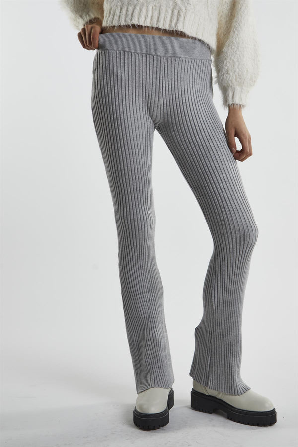 Glamorous Grey-Marl Rib-Knit Flared-Trousers