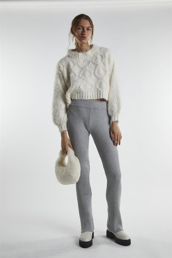 glamorous Grey-Marl Rib-Knit Flared-Trousers