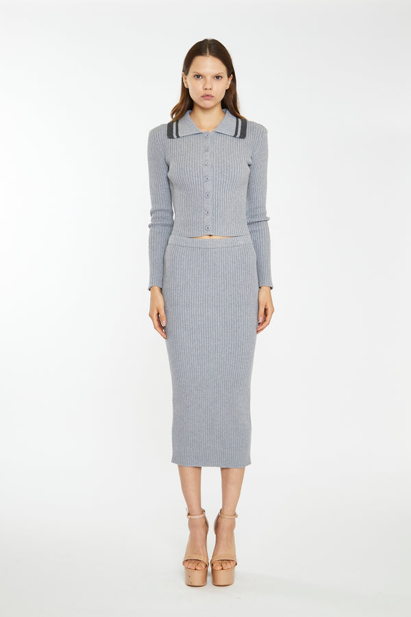 glamorous Grey-Marl Rib-Knit Midi-Skirt