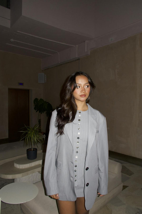 glamorous Grey Pinstripe Collared Oversized-Jacket