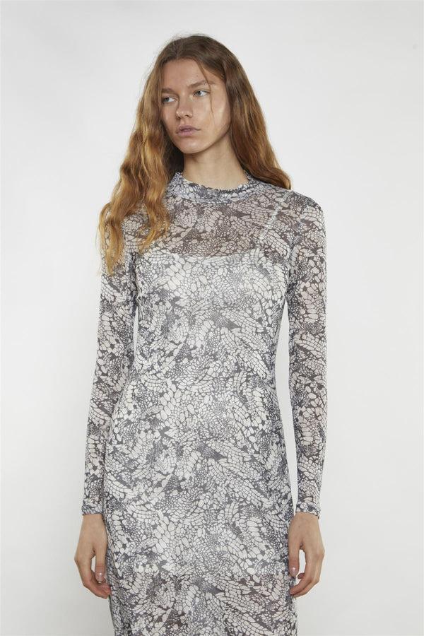 Glamorous Grey-Snakeskin Mesh-Bodycon Midi-Dress