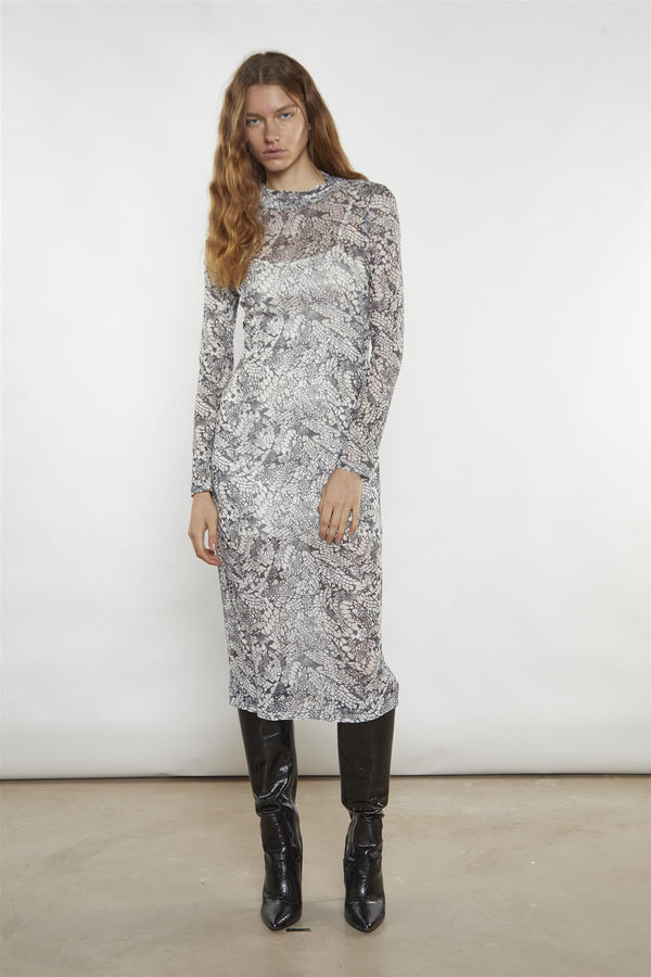 glamorous Grey-Snakeskin Mesh-Bodycon Midi-Dress