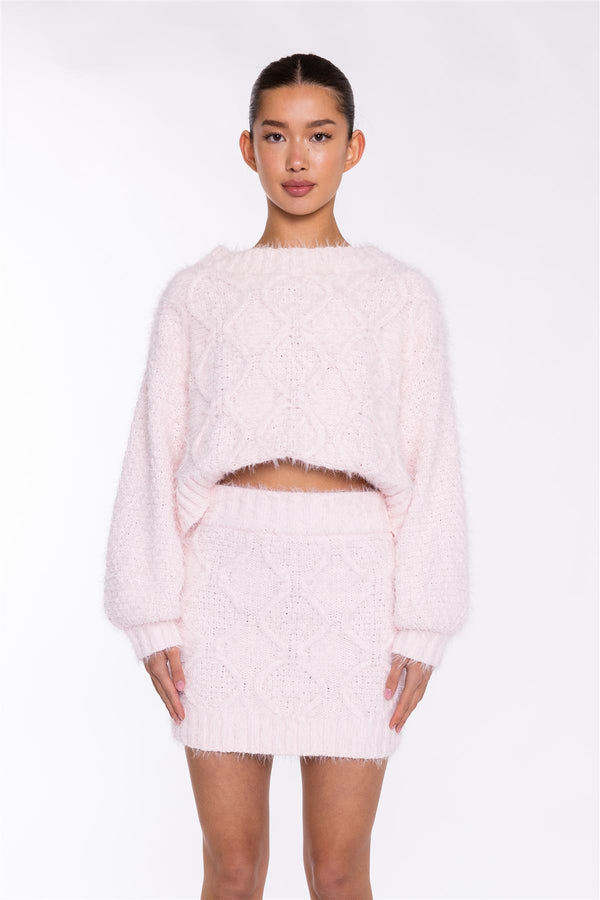 Glamorous Icy-Pink Cable-Knit Mini-Skirt