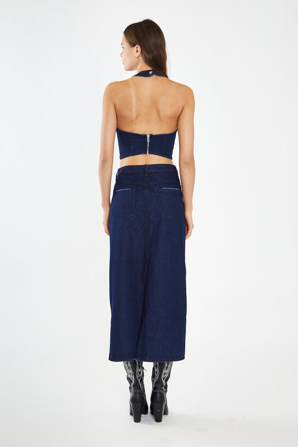 Glamorous Indigo-Blue Front Split Denim Maxi-Skirt