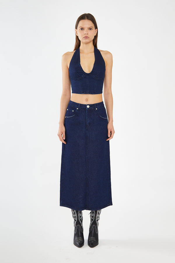 glamorous Indigo-Blue Front Split Denim Maxi-Skirt
