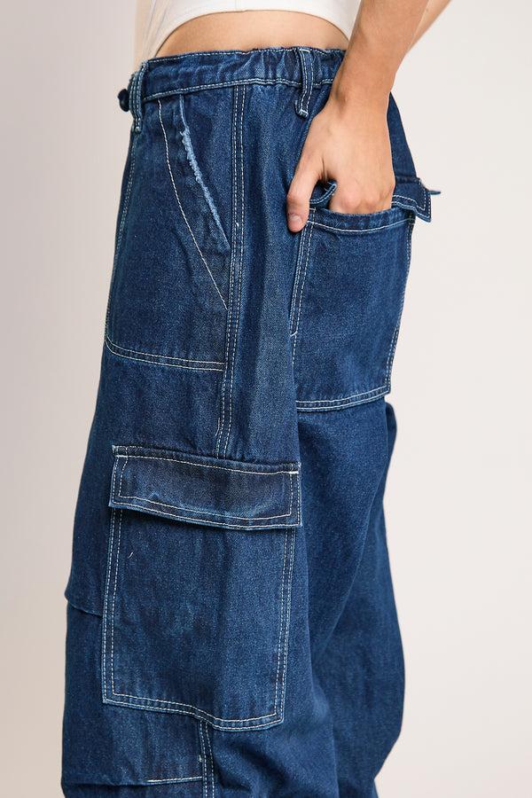 Glamorous Indigo Stonewash Cargo Jeans