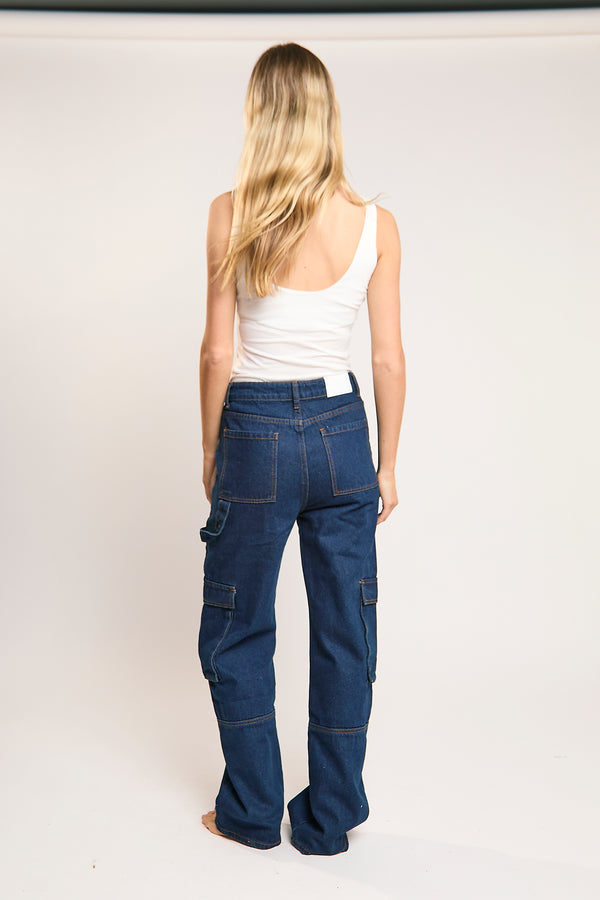 Glamorous Indigo Wash Cargo Wide-leg Jeans