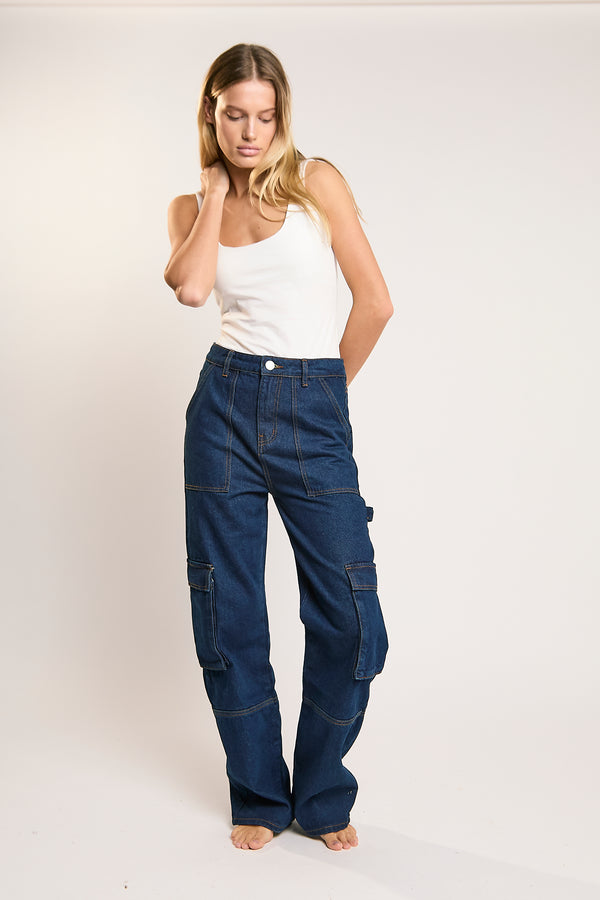 glamorous Indigo Wash Cargo Wide-leg Jeans