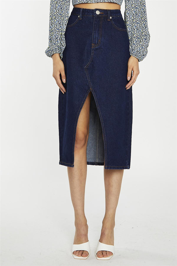 Glamorous Indigo-Wash Denim Midi-Skirt