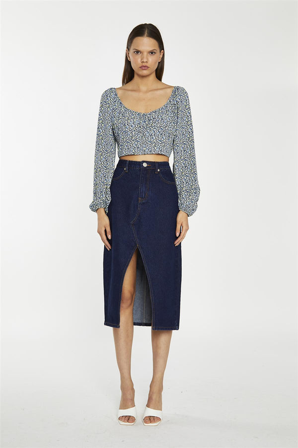 glamorous Indigo-Wash Denim Midi-Skirt