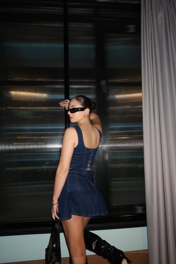 Glamorous Indigo Wash Lace-Up Back Corset Top