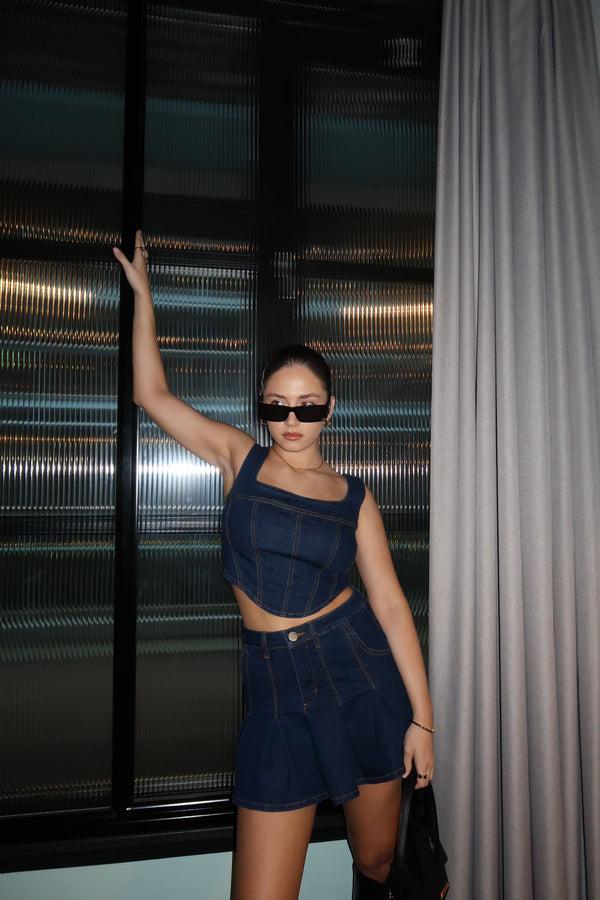 glamorous Indigo Wash Lace-Up Back Corset Top