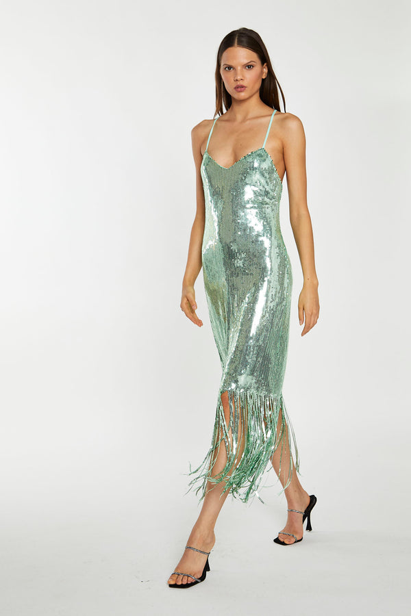 glamorous Jade-Sequin Cross Back Midi-Dress