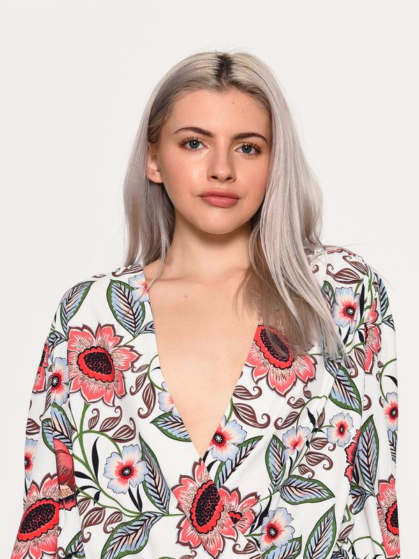 Glamorous Glamorous Large Cream Multi Floral Print Wrap Front Bodysuit