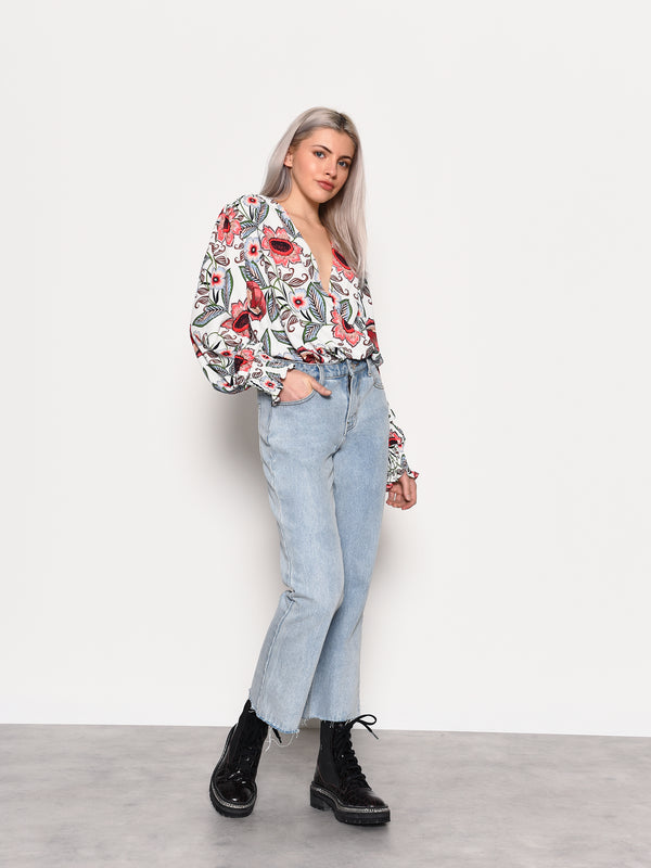 glamorous Glamorous Large Cream Multi Floral Print Wrap Front Bodysuit