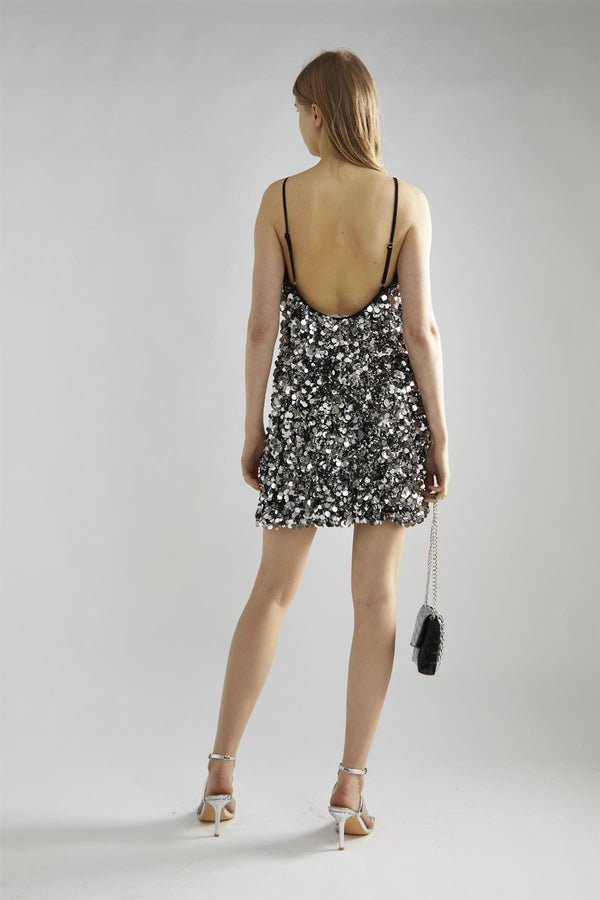 Glamorous Large Pewter-Sequin Strappy Mini-Dress