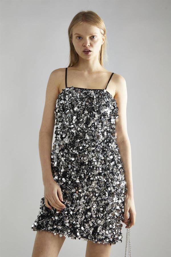 Glamorous Large Pewter-Sequin Strappy Mini-Dress