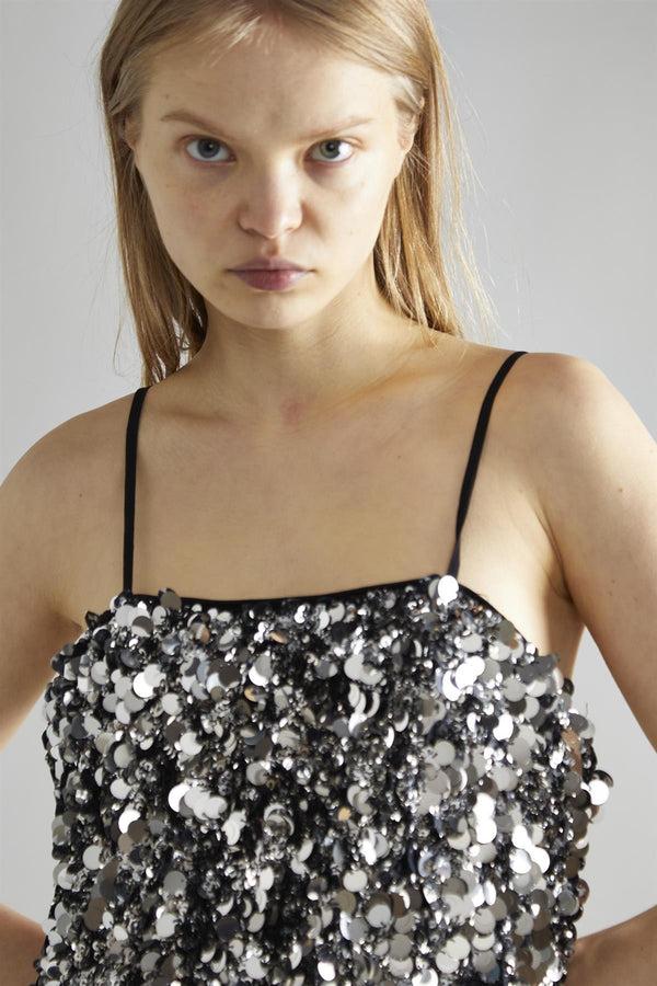Glamorous Large Pewter-Sequin Strappy Mini-Dress