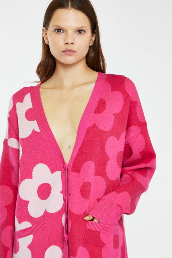 Glamorous Large Pink Flower Long-Line Cardigan