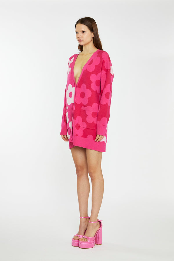 Glamorous Large Pink Flower Long-Line Cardigan
