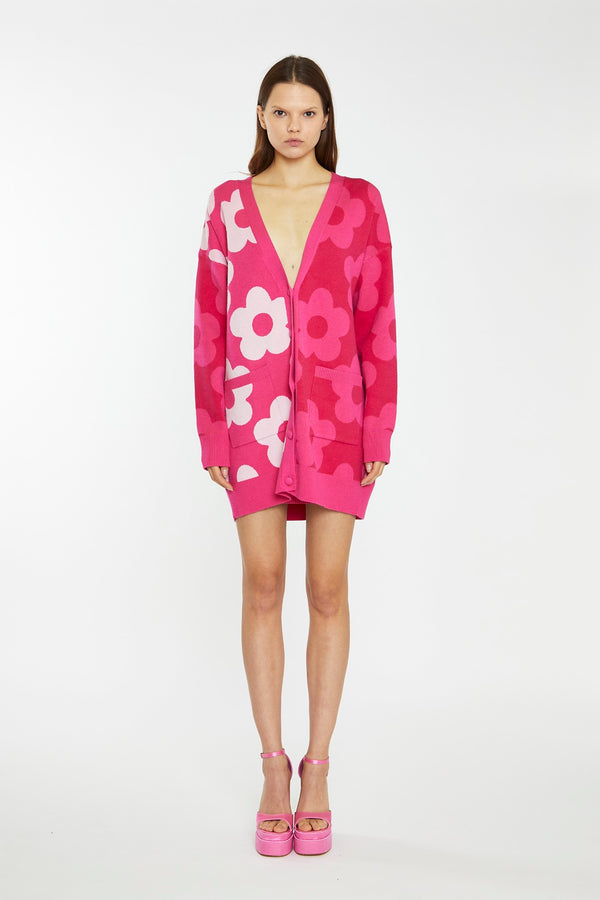 glamorous Large Pink Flower Long-Line Cardigan