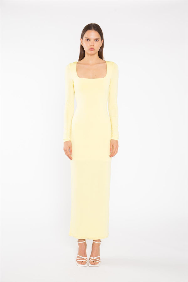 glamorous Lemon-Yellow Square-neck Maxi-Dress
