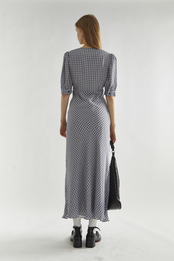 Glamorous Light-Blue Check V-Neck Midi Tea-Dress