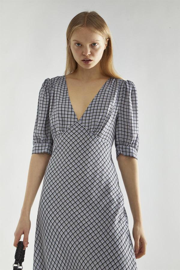 Glamorous Light-Blue Check V-Neck Midi Tea-Dress
