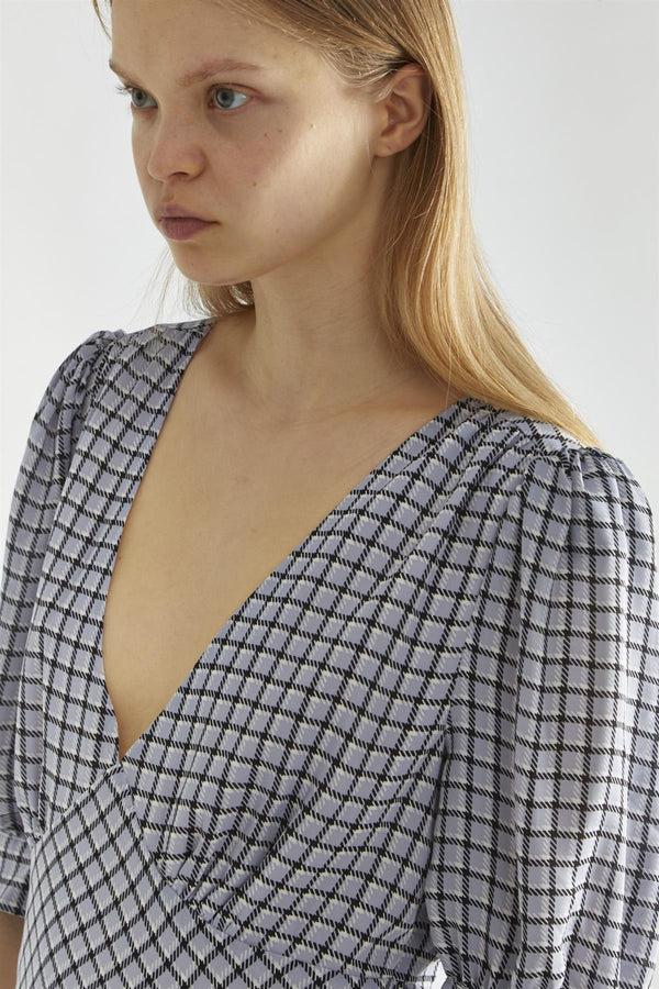 Glamorous Light-Blue Check V-Neck Midi Tea-Dress