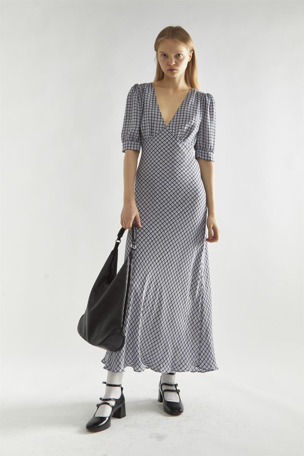 glamorous Light-Blue Check V-Neck Midi Tea-Dress