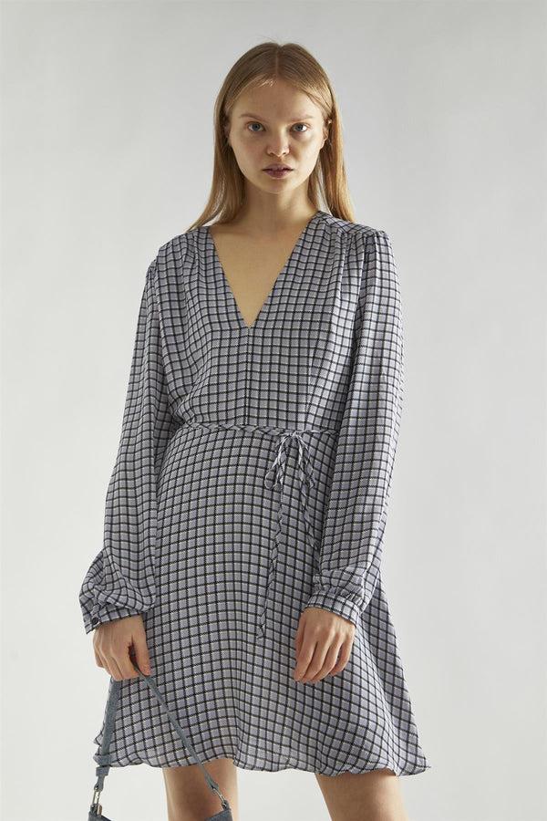 Glamorous Light-Blue Check V-Neck Mini-Dress