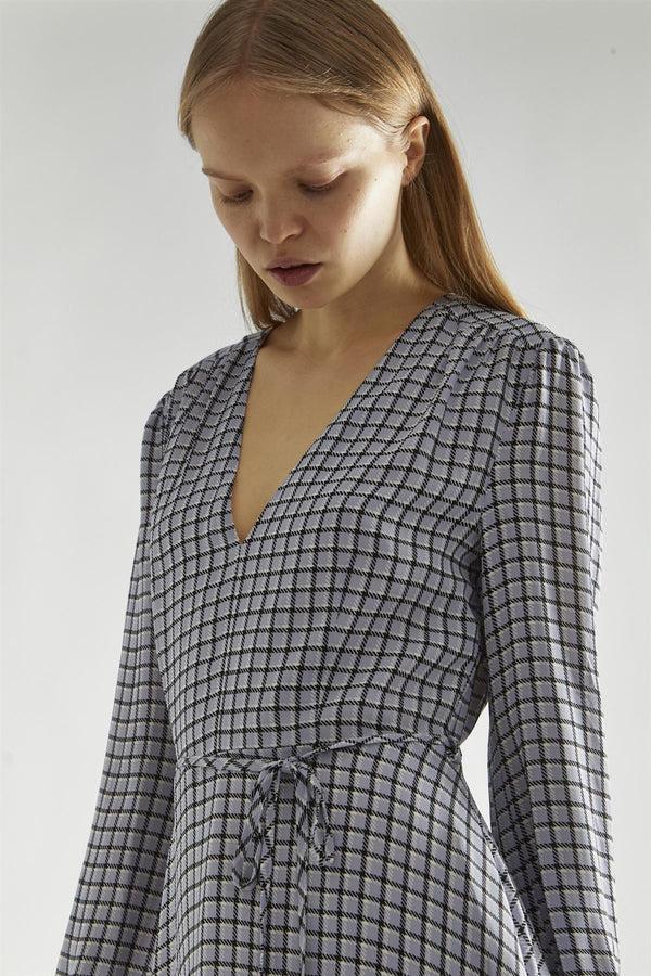 Glamorous Light-Blue Check V-Neck Mini-Dress